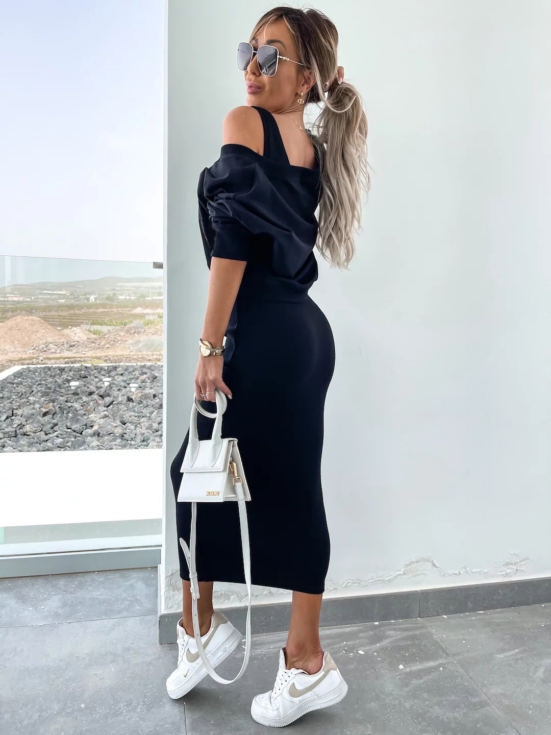 Amazon European and American Cross-Border New Spring Summer Women's Solid Color Clothing V Collar Long Sleeve Sweater Sling Slim Fit Long Dress2Set