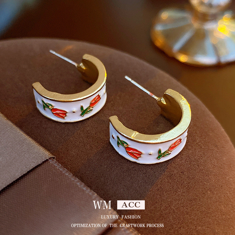 Silver Needle Ancora Red Oil Drop Geometric Earrings Niche Versatile Retro Elegant Studs High-end Fashion Earrings for Women