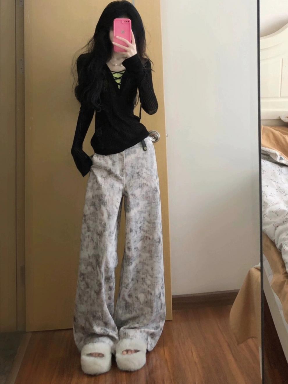 American Retro Tie-Dye Print Casual Wide-Leg Jeans for Women Loose High-Waist Draped Floor-Length Pants Summer Hot Sale