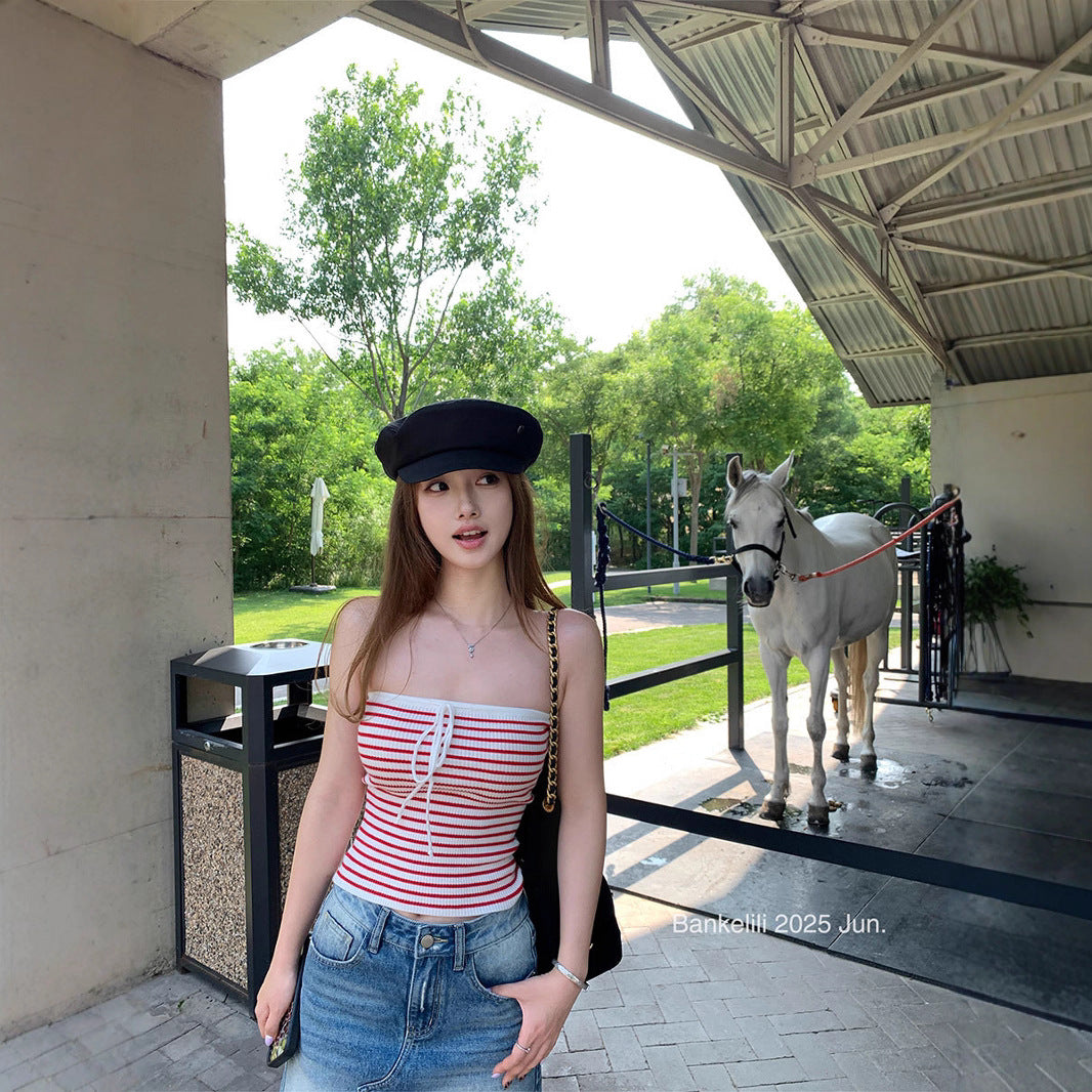 Chestnut Cocoa Bankelili'Blue Coastline'High-Level Spicy Girl Knitted Striped Tube Top Vest for Women Pure Desire