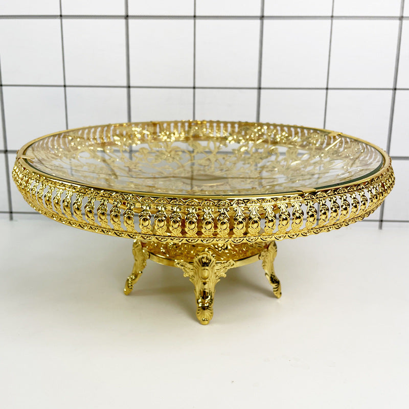 In Stock European Style Glass Gold-Plated Dessert Tray Wedding Decoration Fruit Plate Events Cake Serving Tray