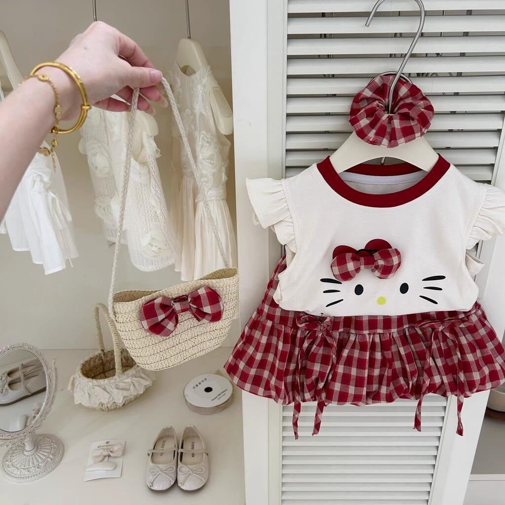 Girls retro Cotton and Linen Vest Set Summer Clothes2025New Korean Style Children's Sleeveless Doll Shirt Wide Leg Pants for Kids