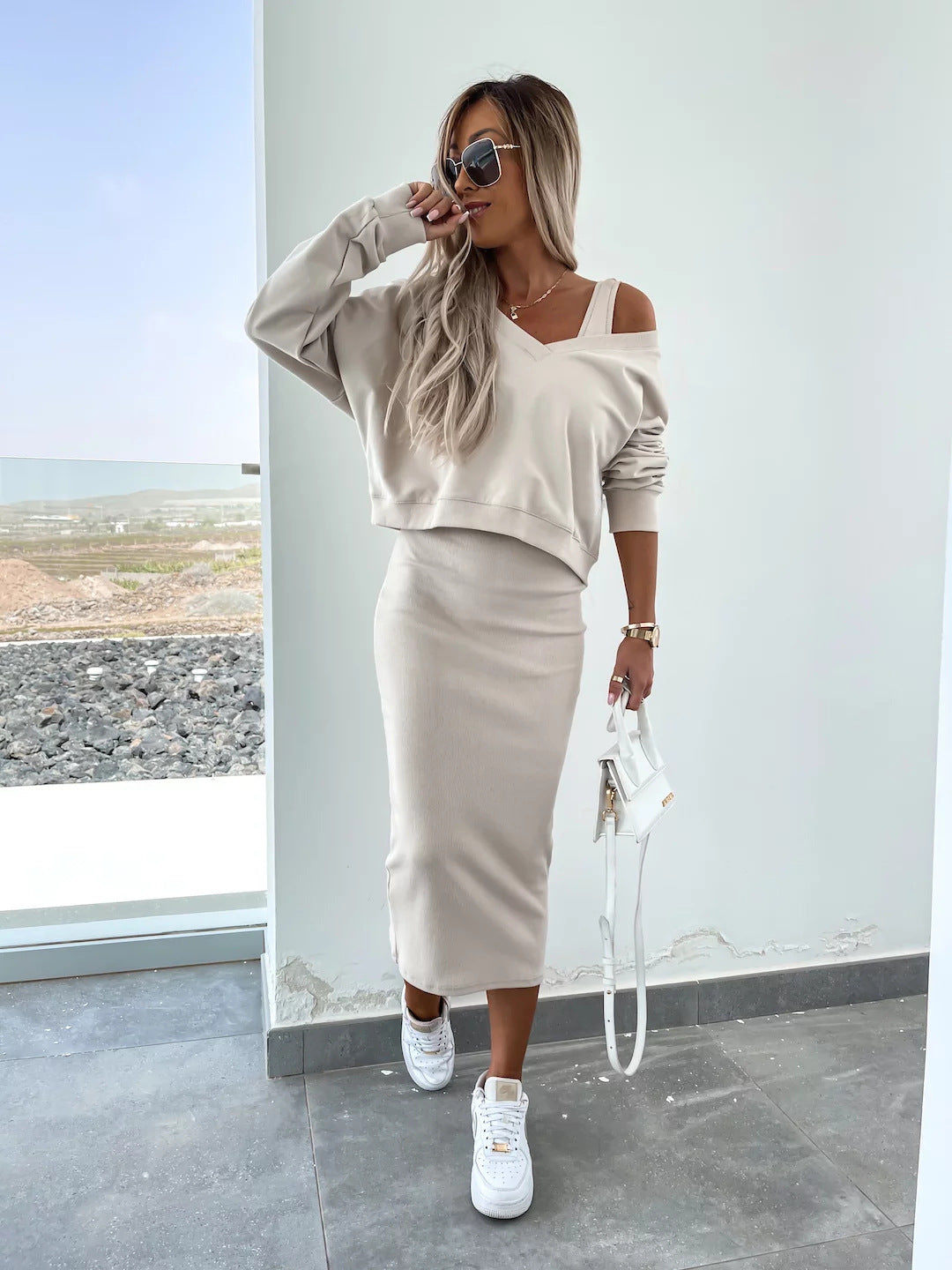 Amazon European and American Cross-Border New Spring Summer Women's Solid Color Clothing V Collar Long Sleeve Sweater Sling Slim Fit Long Dress2Set
