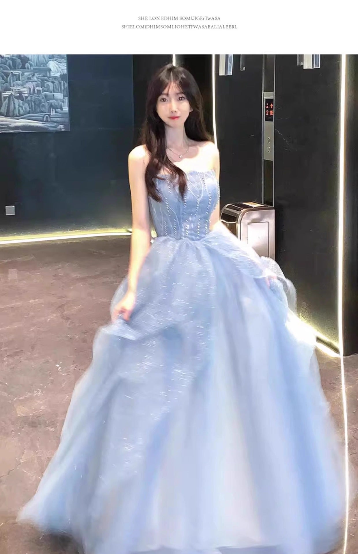 Blue Strapless Dress Puff Skirt Runaway Princess Fairy Dress Light Luxury High-end Evening Dress Host Slim Fit Elegant