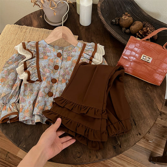 Sweet Little Girl Autumn Outfit Set New Fashionable Retro Autumn Children's Flared Pants Autumn Style Internet Celebrity Children's Clothing