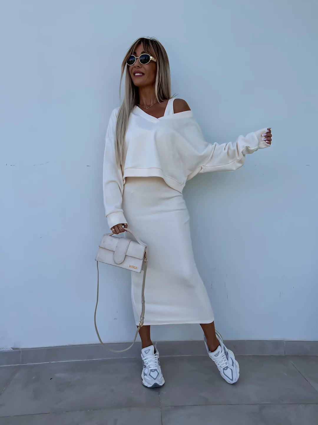 Amazon European and American Cross-Border New Spring Summer Women's Solid Color Clothing V Collar Long Sleeve Sweater Sling Slim Fit Long Dress2Set