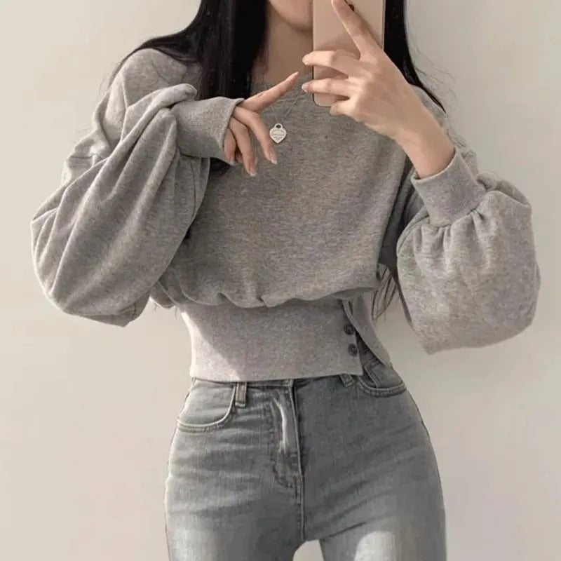 Polyester Fish Scale Korean Autumn Niche Design Round Neck Button Long Sleeve Short Pullover Sweatshirt for Women