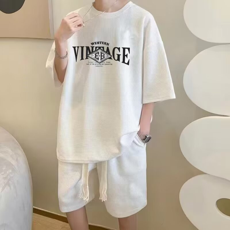Summer Teenage Suit Boys Short Sleeve T T-shirt Short Sleeve New Style High School Student Trendy Casual Sports Two Pieces