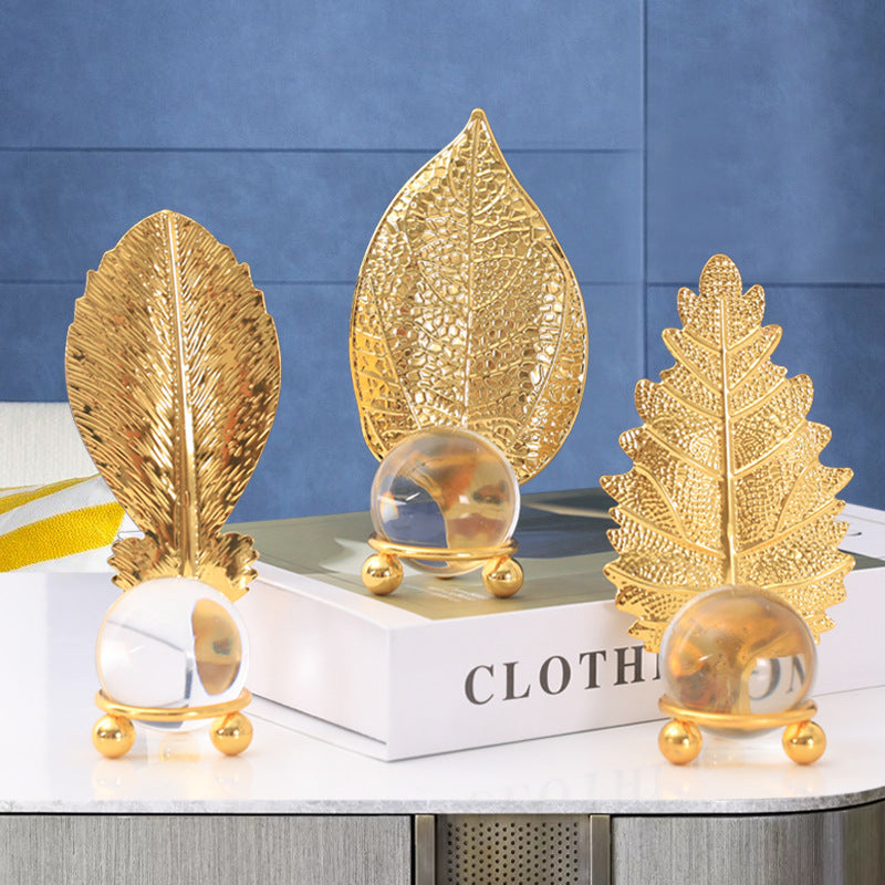 Nordic Light Luxury Metal Leaf Crystal Ball Ornament for Study Room Bookshelf Wine Frame Model Room Entrance Decoration Ornament