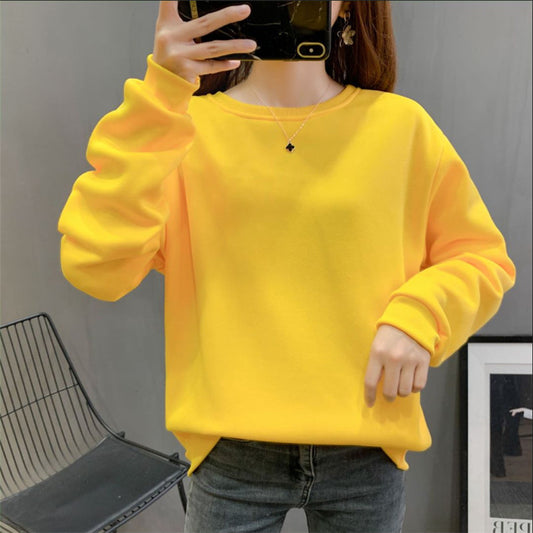 Plain Solid Color Round Neck Student Sweatshirt Fleece Lined Thick Loose Long Sleeve Top Blank Version Jacket Unisex Couple Outfit
