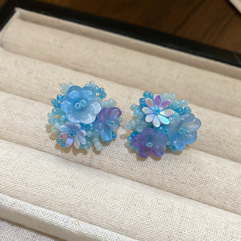 Resort Style Silver Needle Fabric Flower Tassel Earrings High-End Fashion Earrings Bohemian Sweet Exaggerated Ear Jewelry