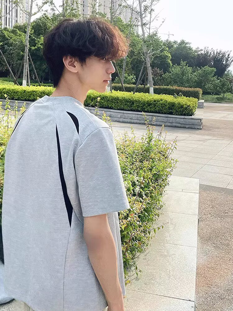 Gray Deconstructed Patchwork Design Short Sleeve Men's Summer Outfit Half Sleeve Top American Style Trendy Brand Regular Shoulder t T-shirt