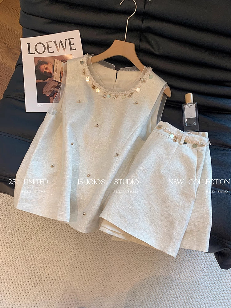 【Self-produced and self-sold, can accept orders】Shell Beaded Set for Women Summer Playful Youthful Versatile Shorts Two-Piece Set