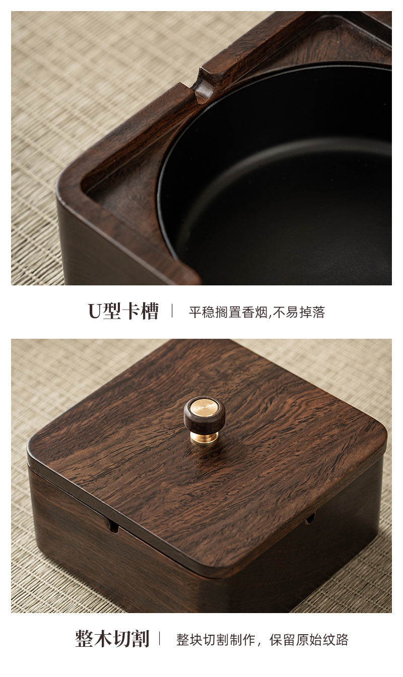 Walnut Ashtray for Home Living Room with Lid, Anti-Fly Ash, Stainless Steel Inner Liner, Creative Office Quality Ashtray