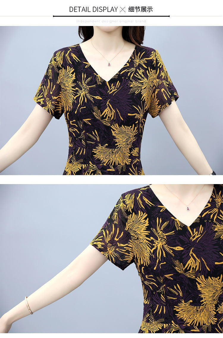 2022Summer New Chiffon Floral Dress Slimming Waist Plus Size Women mm Tummy-Covering Elegant Long Dress