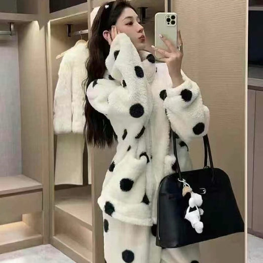 Cute Polka Dot Couple Homewear Autumn Winter Coral Fleece Thickened Zipper High Neck Homewear Set Suitable for Outerwear