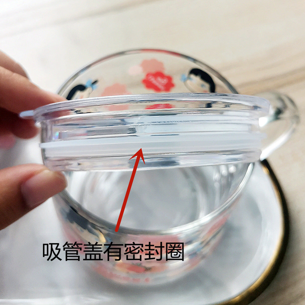 ins Glass Cup with Straw Milk Breakfast Cup Cute Cartoon Graduated Cup with Lid Spoon Gift Customization logo