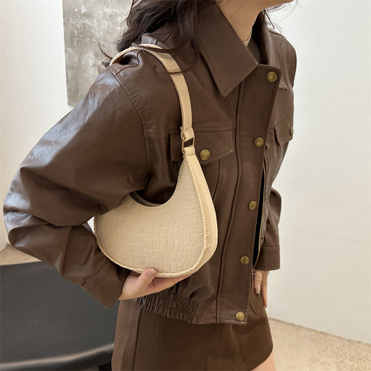 Solid Color Elegant Women's Bag2024Trendy Korean Style Autumn Winter New Stone Pattern Underarm Bag Casual Shoulder Handbag