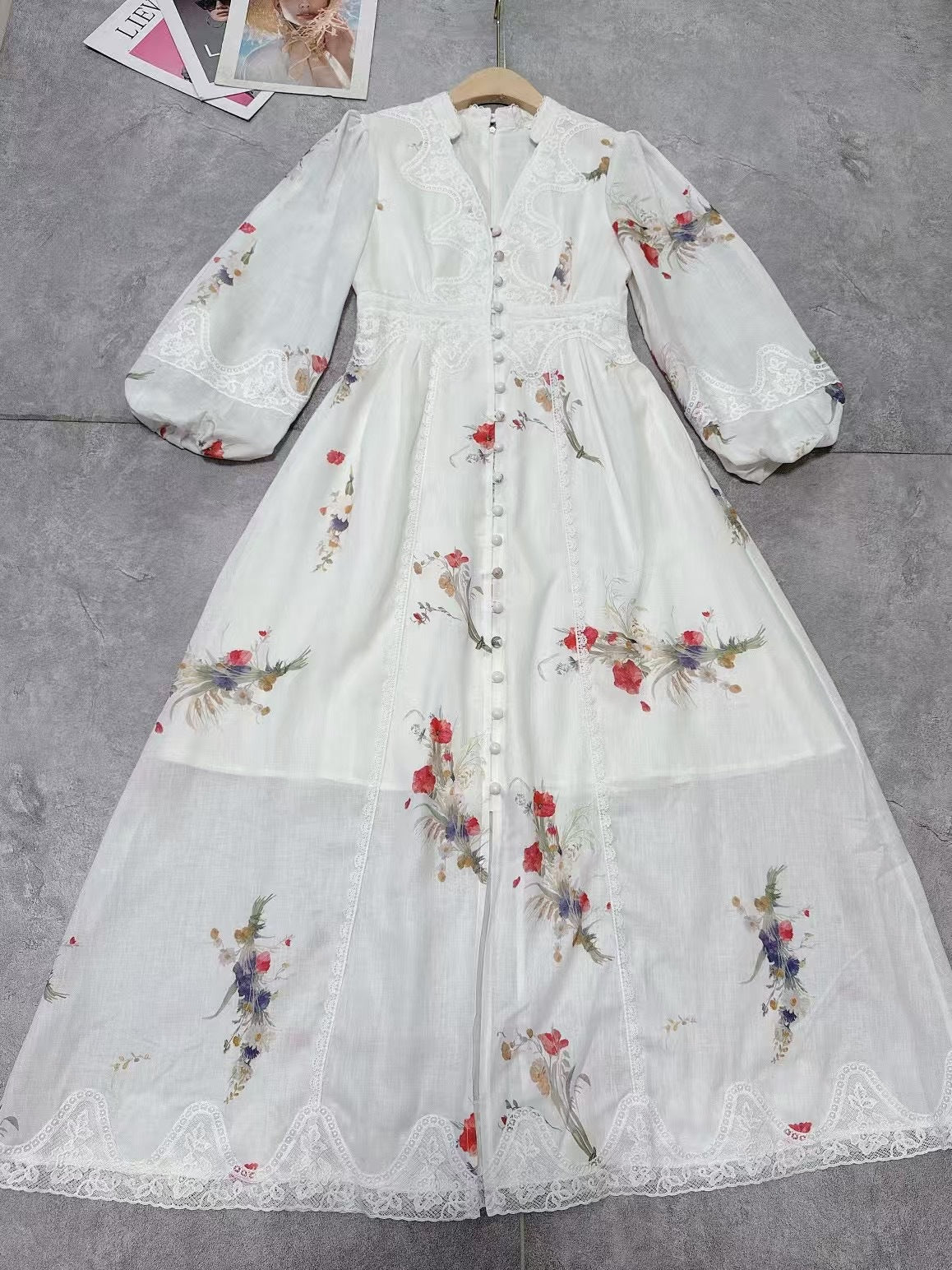 2025Spring and Summer European and American Cross-Border Palace Retro Style V Collared Waist Lantern Sleeve Printed Long Dress for Women