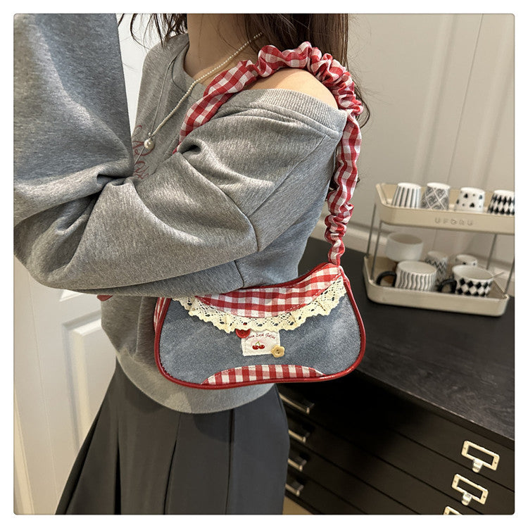 Super Popular Crossbody Bag for Women2025New Plaid Fabric Bag Wrinkled Color-Block Shoulder Bag Popular Commuter Small Square Bag