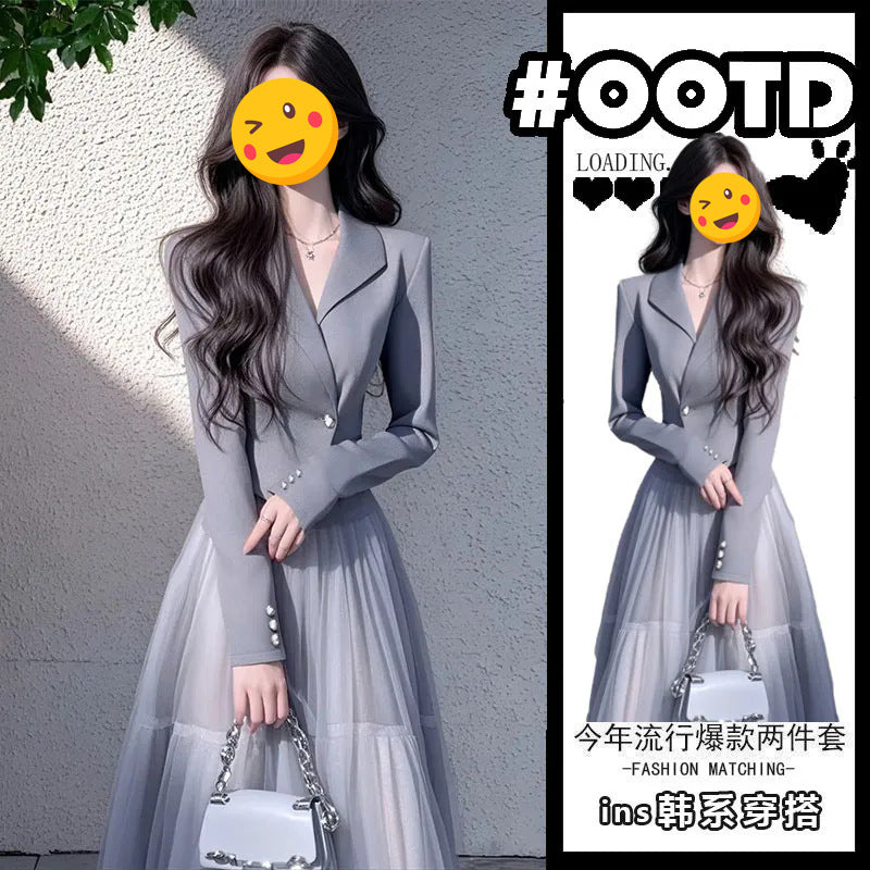 2025Spring 2023 Light Luxury High-End Elegant Socialite Little Chanel Style Gray Blazer Mesh Skirt Set