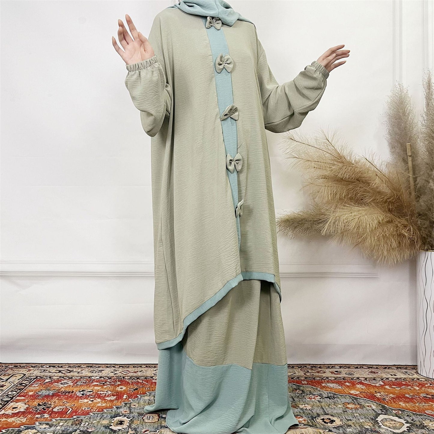 2024Aliexpress Muslims Fashion Women's Two-Piece Set with Bowknot, Solid Color Double-Layer Hat and Robe Set