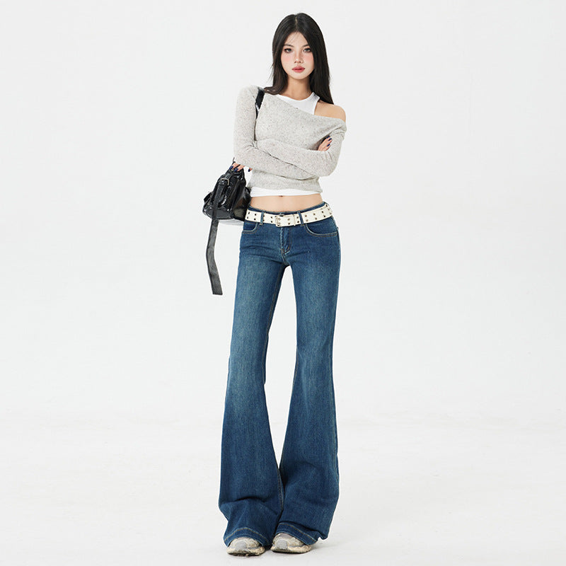 American Style Spicy Girl Retro Flared Jeans for Women Spring and Autumn2025New dark blue low-waist wide-leg floor-length pants