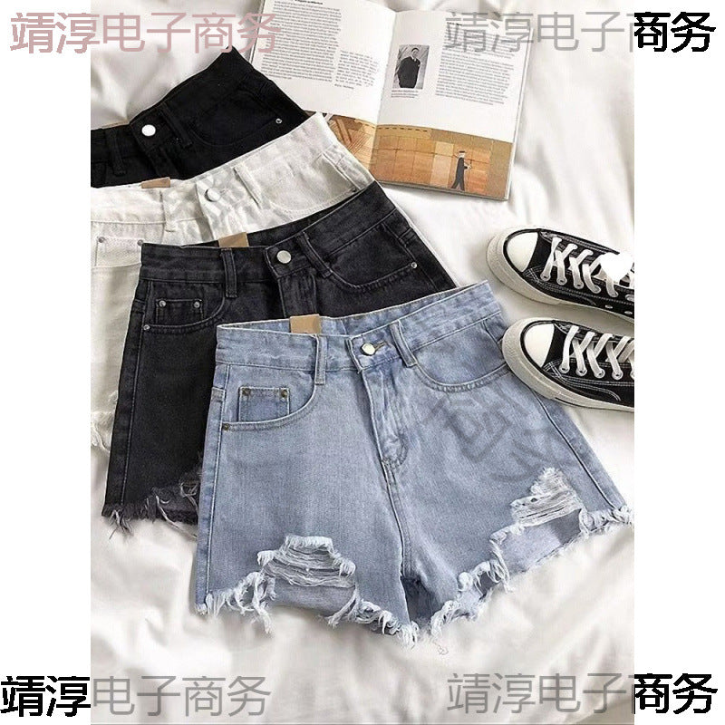 Summer Women's Korean Style New Loose Slimming Wide-Leg Hot Pants High-Waist Fashion Ripped Frayed Denim Shorts