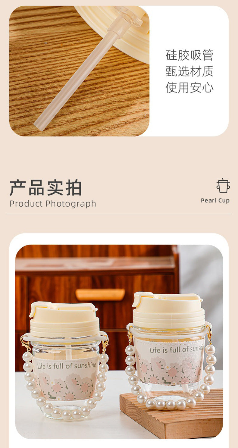 Glass Cup Straw Water Cup High Temperature Resistant Pearl Bracelet Double Drinking Cup Cup Souvenir Creative High Appearance Universal