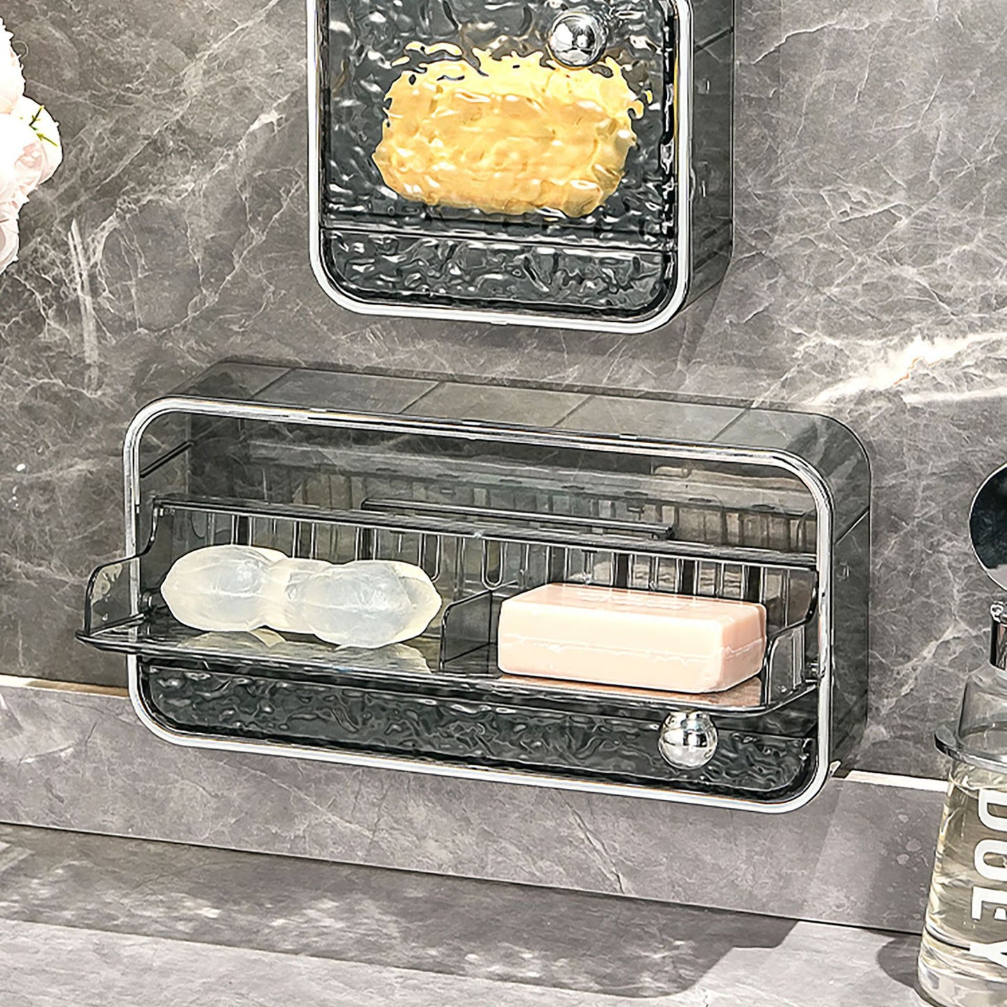 Soap Box No-Drill Wall-Mounted Bathroom Storage Box with Flip Cover Soap Holder Draining Soap Rack Double-Layer Soap Box