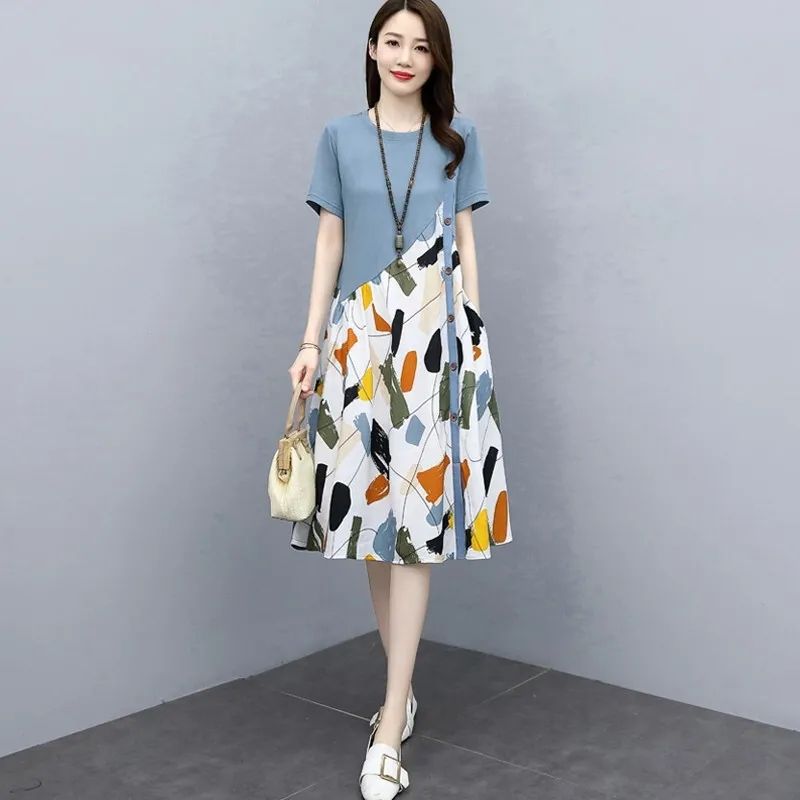 Summer Plus Size Fashion Patchwork Dress2025New Loose Slimming Belly-Covering Age-Reducing Elegant Fake Two-Piece Dress
