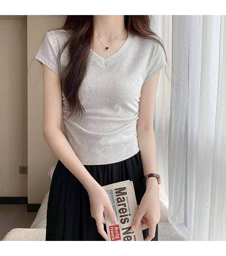 White Slim Fit Ruched t Women's Summer T-shirt2024New design with a structured shoulder and waist-cinching effect for a slimming look V Collar Short Sleeve Top