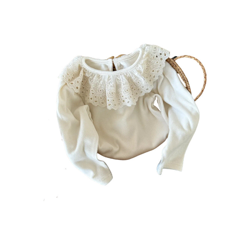 Sweet Little Girl's Base Shirt Autumn New Lace Trim Vertical Stripes Solid Color Top Baby Girl Elastic Long Sleeve