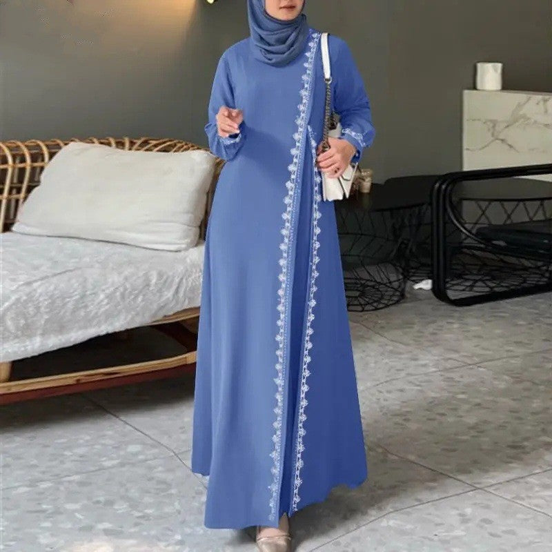 H726#Muslim Women's Clothing Lace Long Robe Dress Fashion Long Sleeve Vest Women's Spring Casual Dress