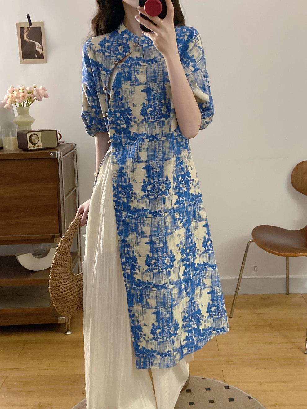 New Chinese Style National Style Set Gentle Temperament Super Beautiful Blue Floral Long Top Casual Long Pants Two-Piece Set