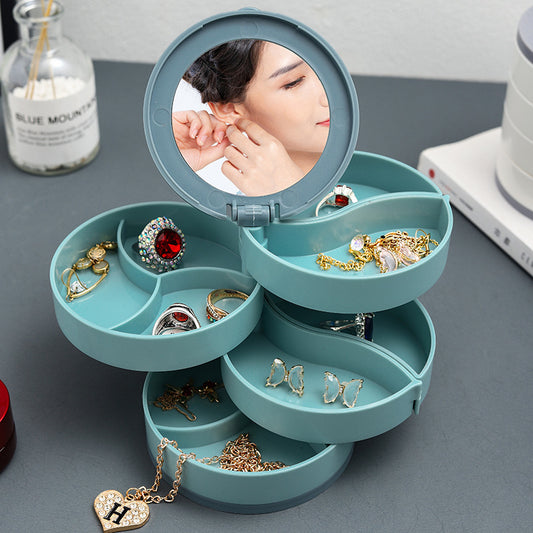 4-Layer Jewelry Box with Makeup Mirror & 360-Degree Rotation