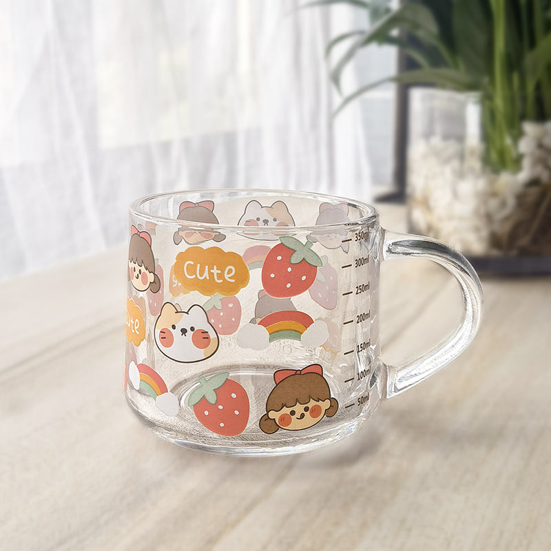 ins Glass Cup with Straw Milk Breakfast Cup Cute Cartoon Graduated Cup with Lid Spoon Gift Customization logo
