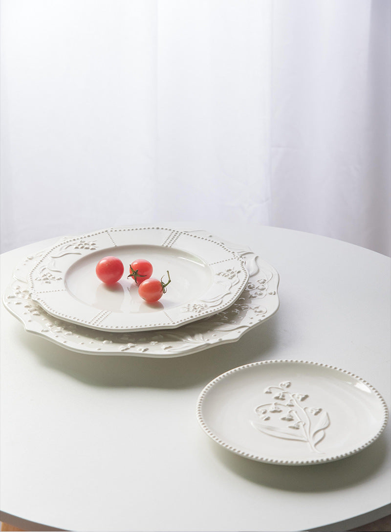 American Relief Lily of the Valley Series Lace Ceramic Western Pasta Plate Pastry Dessert Plate Deep Plate Household Dish Plate