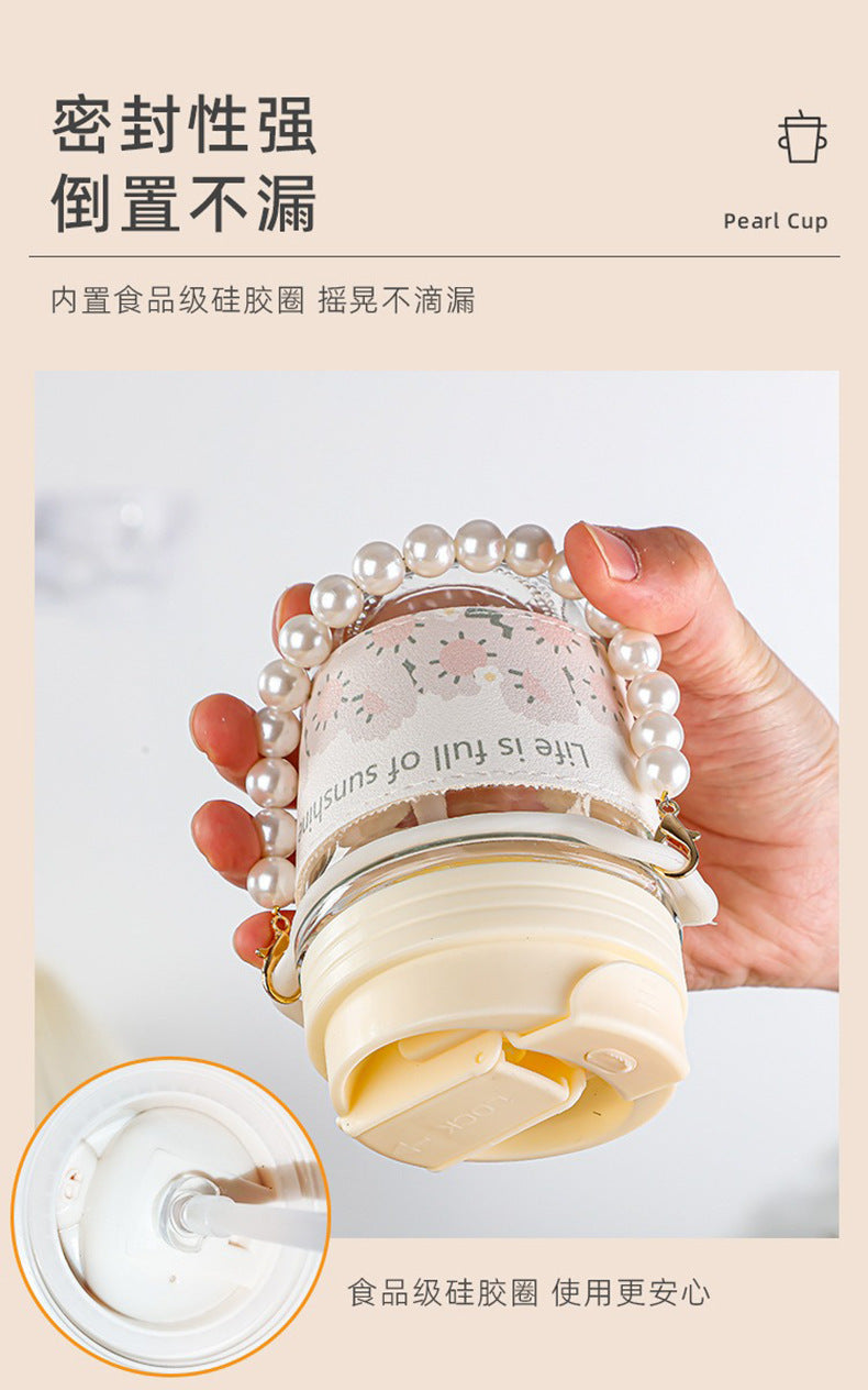 Glass Cup Straw Water Cup High Temperature Resistant Pearl Bracelet Double Drinking Cup Cup Souvenir Creative High Appearance Universal