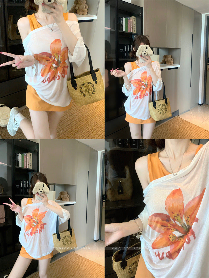 Korean style sweet floral letter print short sleeve T Women's Summer T-shirt2025New off-shoulder design casual top