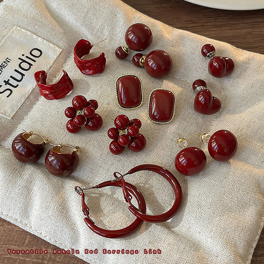 Silver Needle Ancora Red Oil Drop Geometric Earrings Niche Versatile Retro Elegant Studs High-end Fashion Earrings for Women