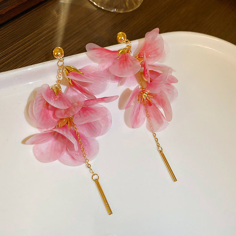 Resort Style Silver Needle Fabric Flower Tassel Earrings High-End Fashion Earrings Bohemian Sweet Exaggerated Ear Jewelry