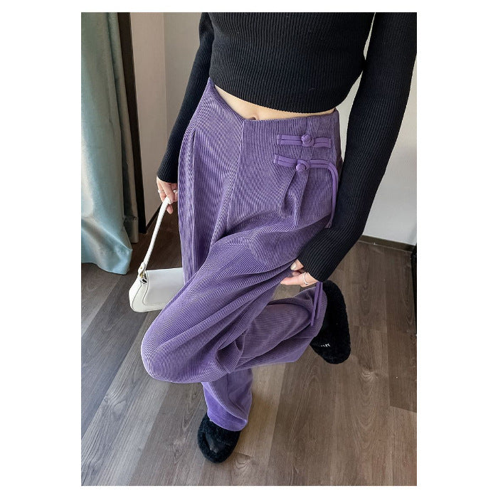 Maillard2025Autumn Winter New Chinese Style Buttoned Fleece Chenille Wide-Leg Pants for Women High Waist Draped Straight-Leg Casual Pants