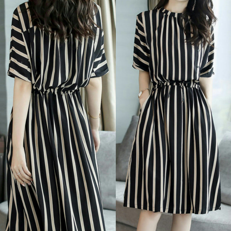 Beautiful Striped Dress2025Korean Style Lace-Up Waist-Cinching Loose Skirt Summer Mid-Length Plus Size Women's Clothing Wholesale