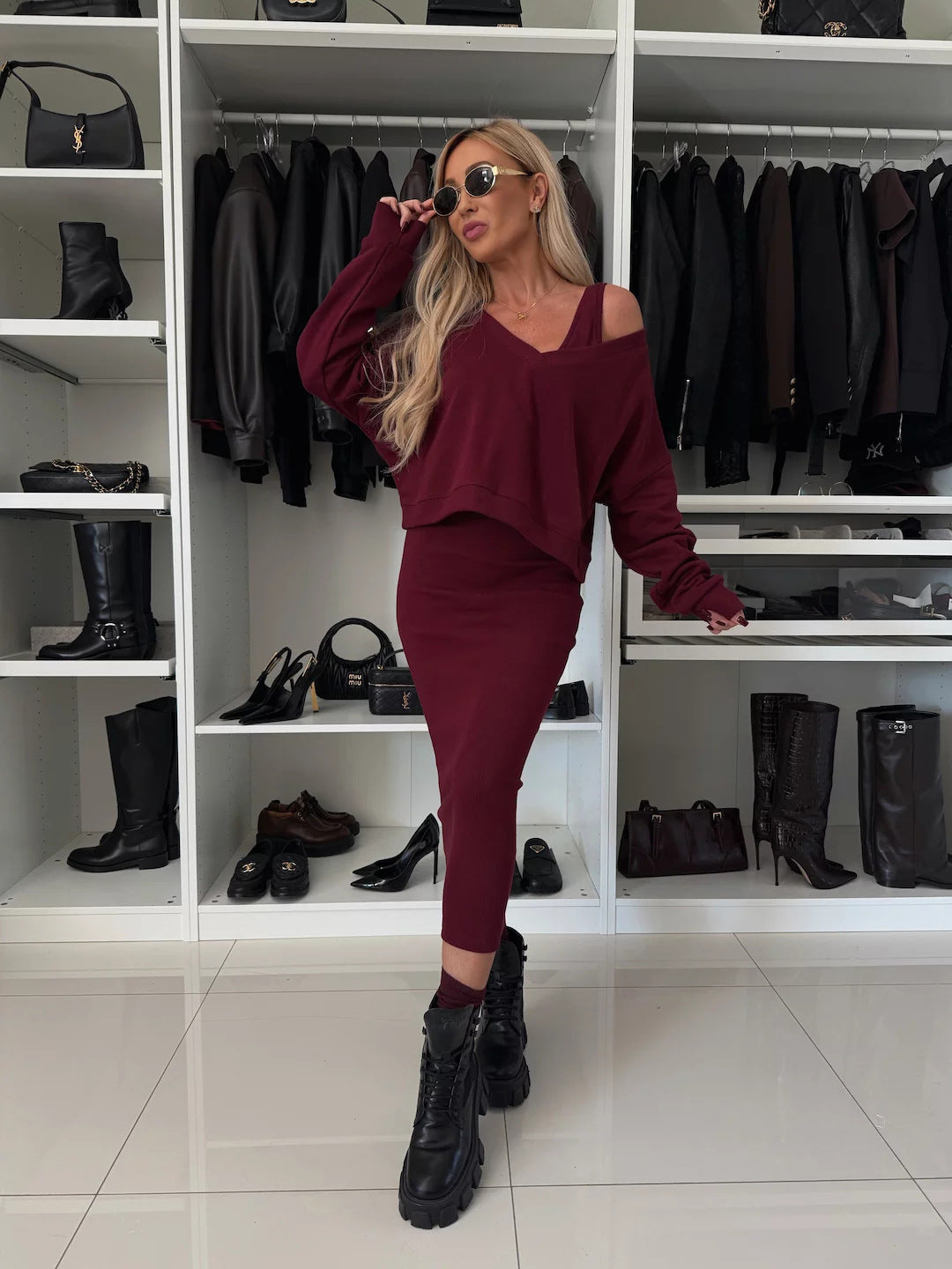 Amazon European and American Cross-Border New Spring Summer Women's Solid Color Clothing V Collar Long Sleeve Sweater Sling Slim Fit Long Dress2Set