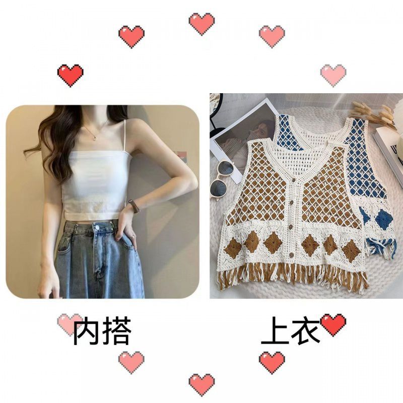Ethnic Style Diamond Pattern Tassel Knitted Vest Women Xinjiang Grassland Beach Vacation Hollow Out Cardigan