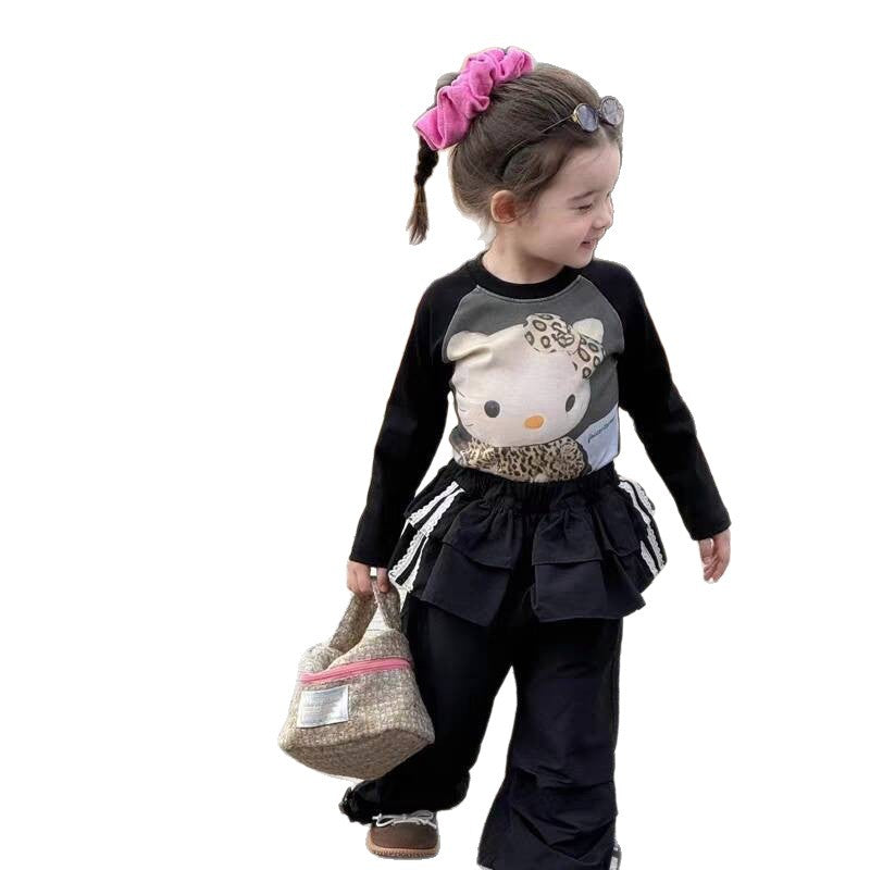 Sweet Little Sister Children's Clothing Autumn New Style Girls' Korean Fashion Slim Cartoon T Shirt Ruffled Casual Cargo Pants