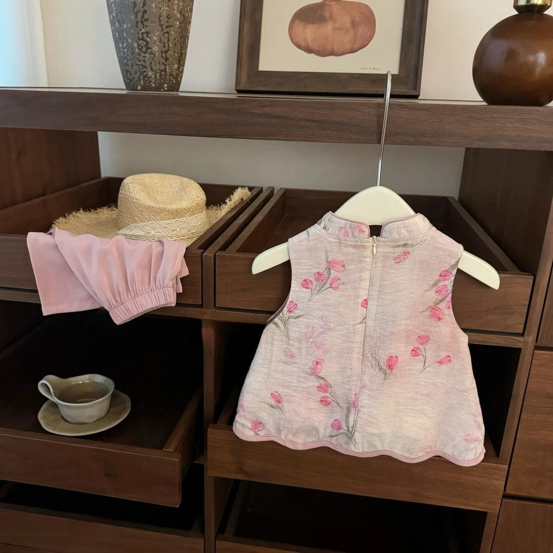 【Sweet Little Chef】Drunk Peach Blossom!Baby Girl New Chinese Style Pink Jacquard Cheongsam Straight Pants Fashionable Set