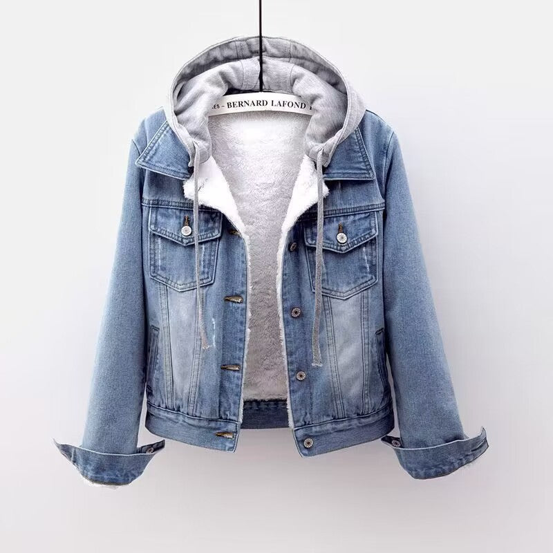 In-stock Short Cotton Jacket2025Winter Fleece-Lined New Cotton Jacket Loose Korean Style Denim Fur Collar Thickened Coat for Women