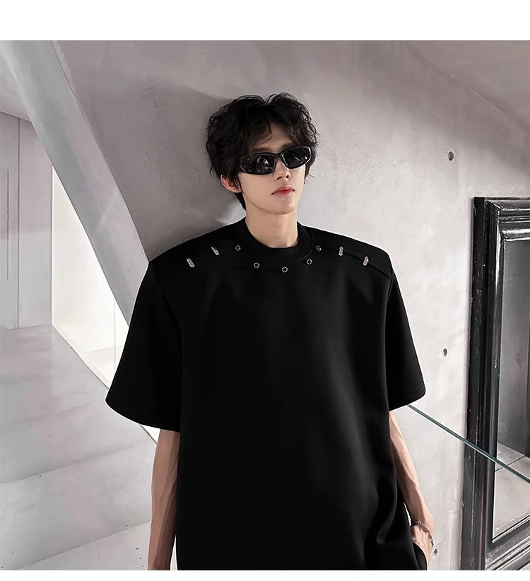 2025High-end Stylish Padded Shoulder Short Sleeve T Men's Summer Shirt with Unique Metal Decoration Design Heavyweight Top t T-shirt